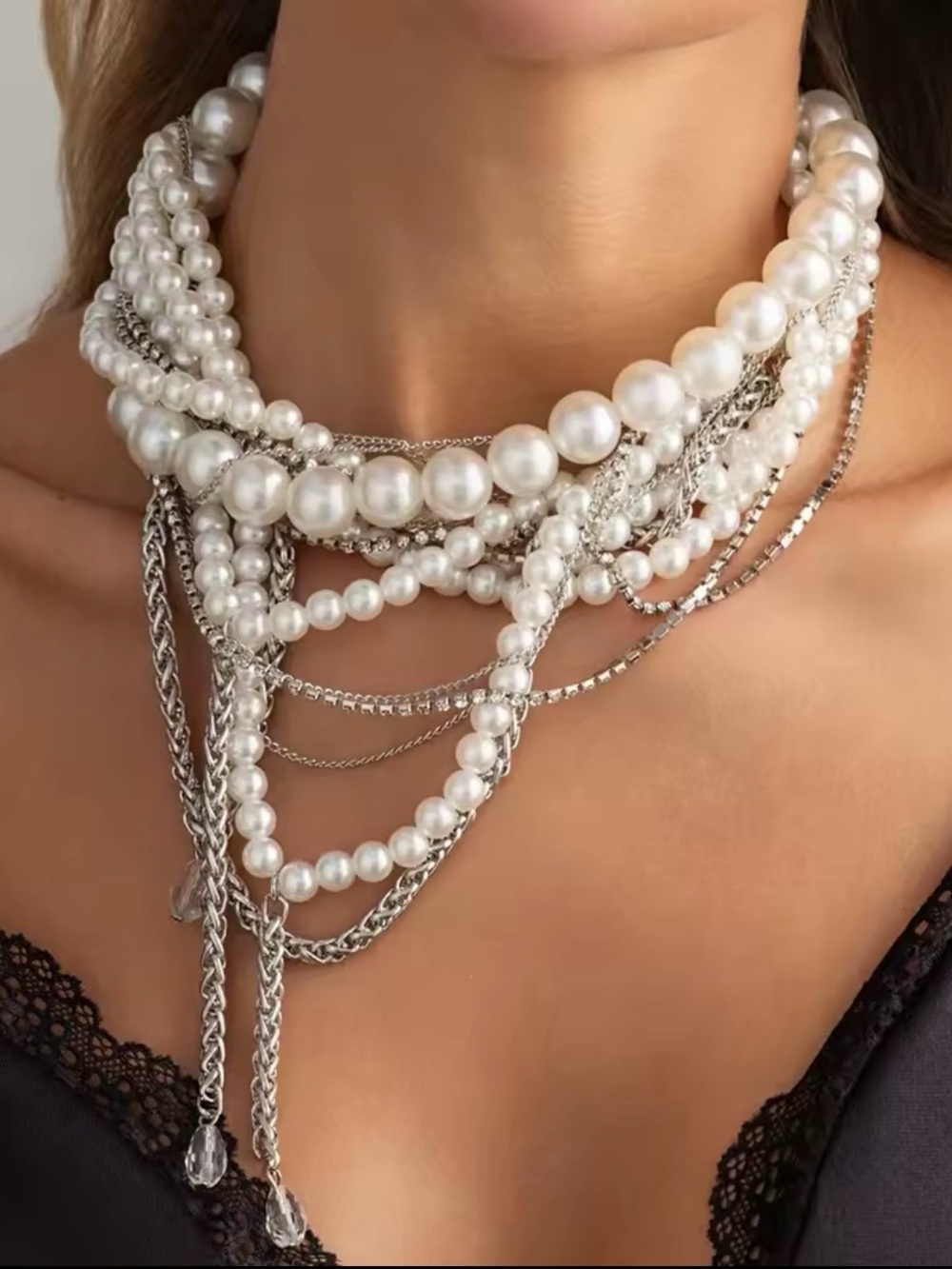 Multi-Strand Pearl and Silver Chain Statement Necklace - White